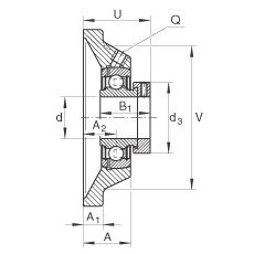 軸承座單元 PCJ35-N-FA125, 帶四個(gè)螺栓孔的法蘭的軸承座單元，鑄鐵，偏心鎖圈，P型密封，耐腐蝕保護(hù)